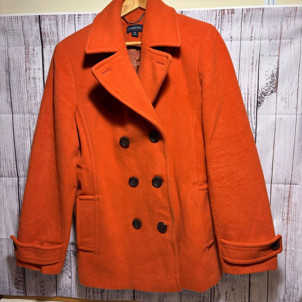 Lands End Womens Wool Cashmere Blend Peacoat Orange Button Swing Size 14